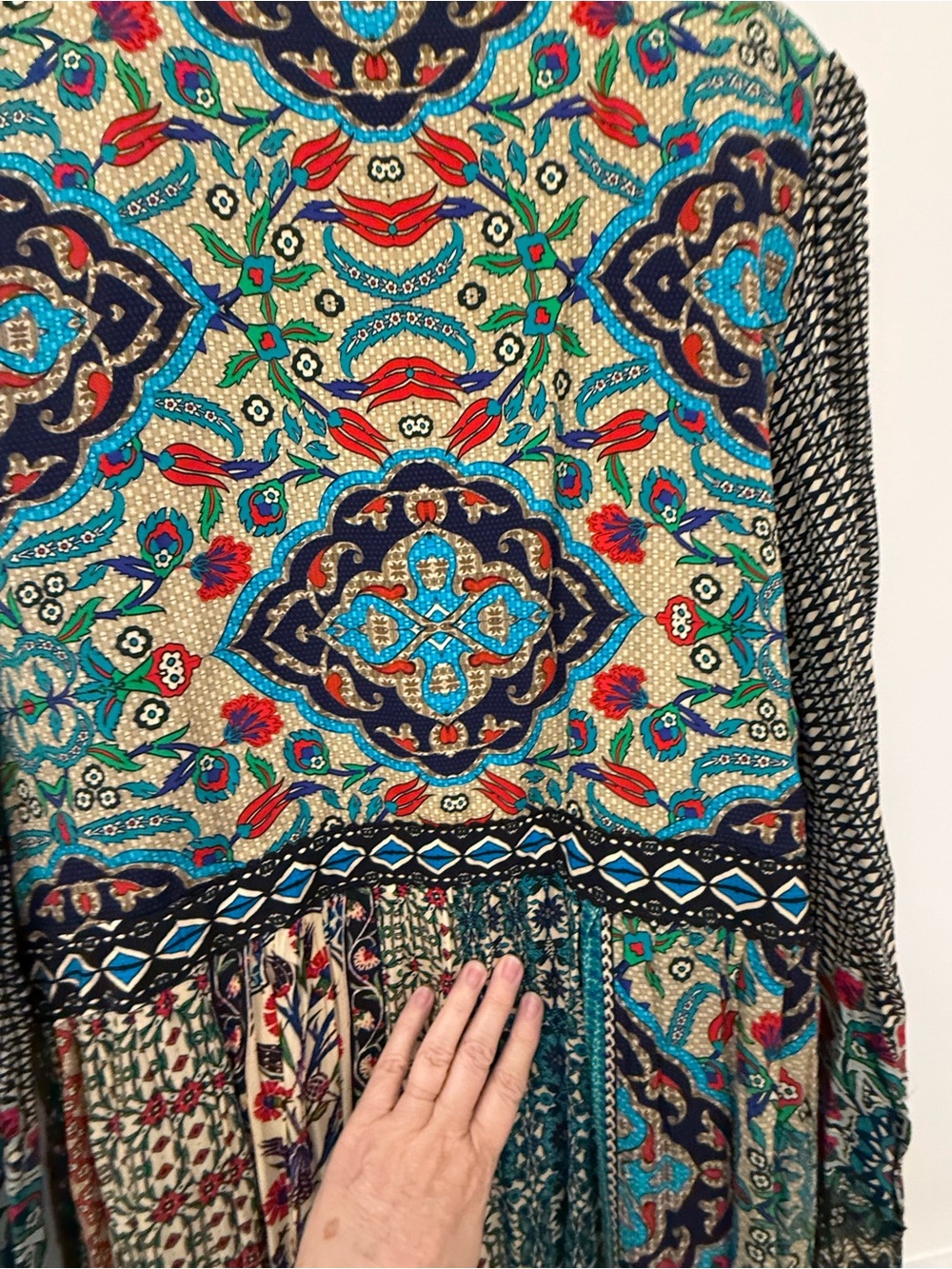 Anthropologie Teal & Cream Mixed-Print Long Sleeve Maxi Dress - Picture 4 of 5